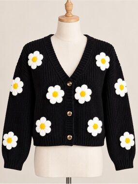 Doe & Rae Black 3D Daisy Flower Applique Knit Cardigan Sweater